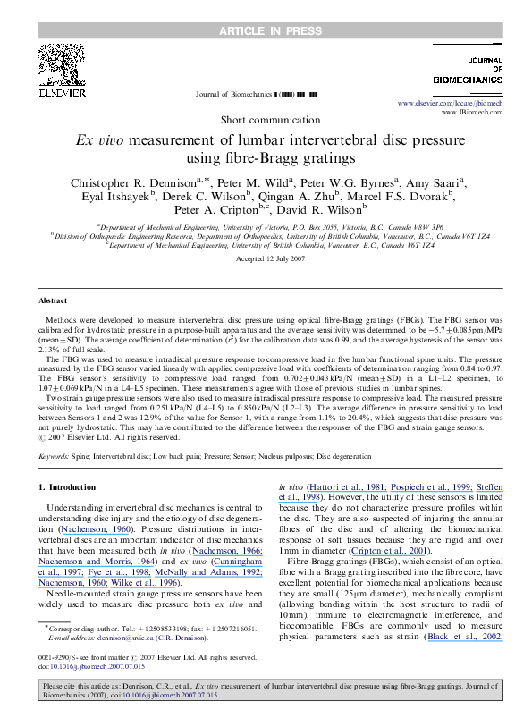 (PDF) Ex vivo measurement of lumbar intervertebral disc pressure using ...