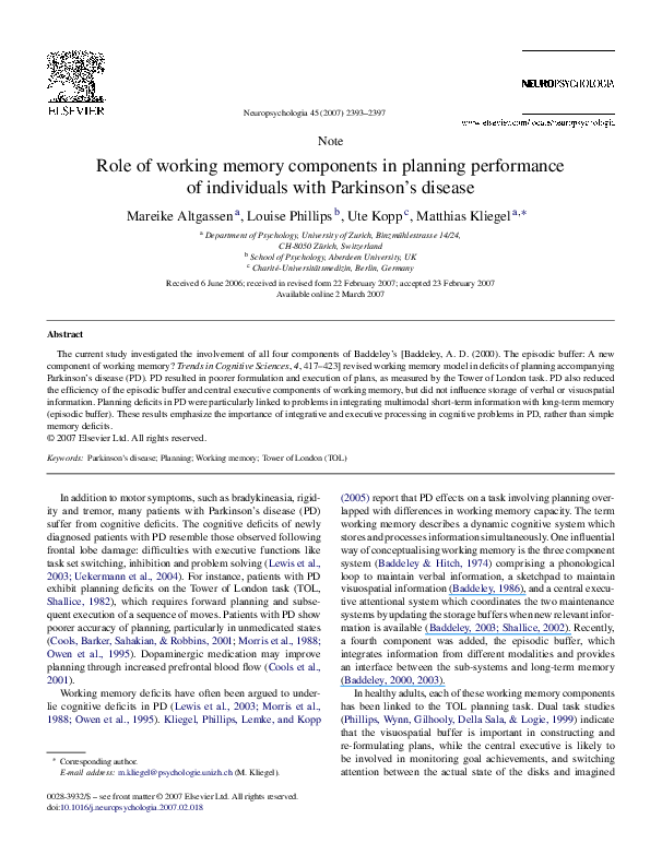 (PDF) Role of working memory components in planning performance of ...