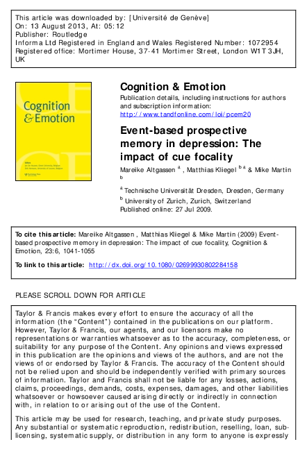 (PDF) Event-based prospective memory in depression: The impact of cue ...