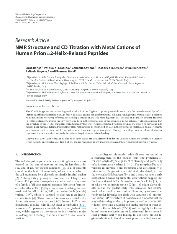 (PDF) NMR Structure and CD Titration with Metal Cations of Human Prion ...