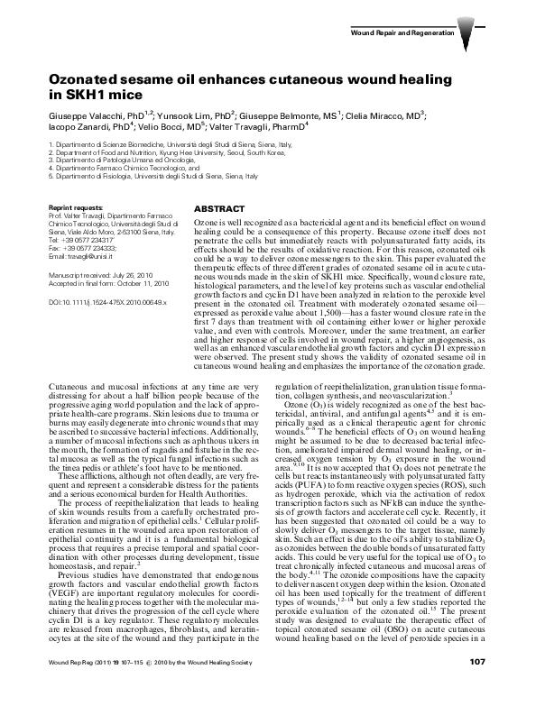 (PDF) Ozonated sesame oil enhances cutaneous wound healing in SKH1 mice Giuseppe Valacchi and