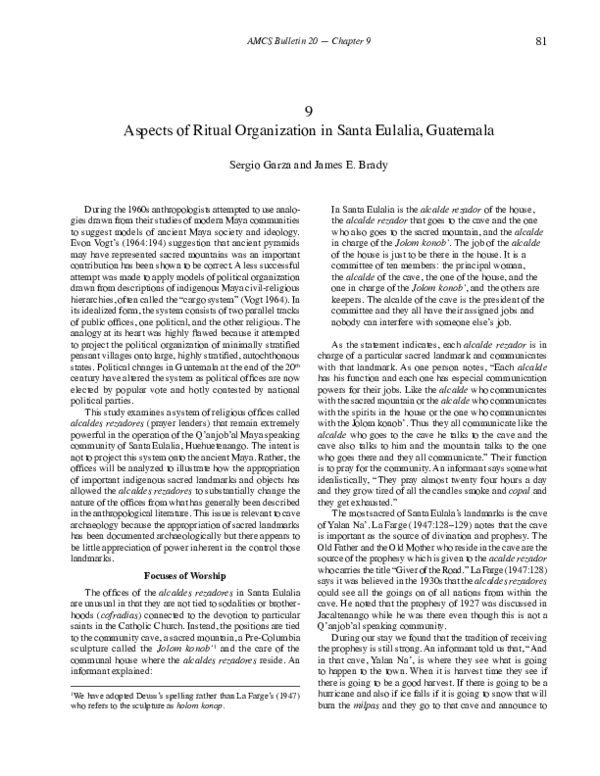 Aspects of Ritual Organization in Santa Eulalia, Guatemala by S. Garza & J.E. Brady
