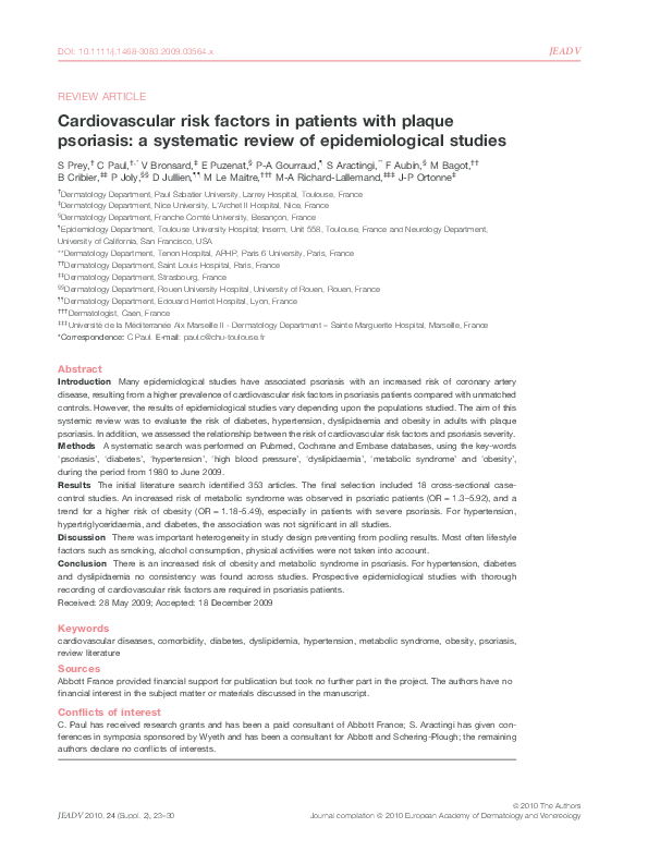 (PDF) Cardiovascular risk factors in patients with plaque psoriasis: a ...