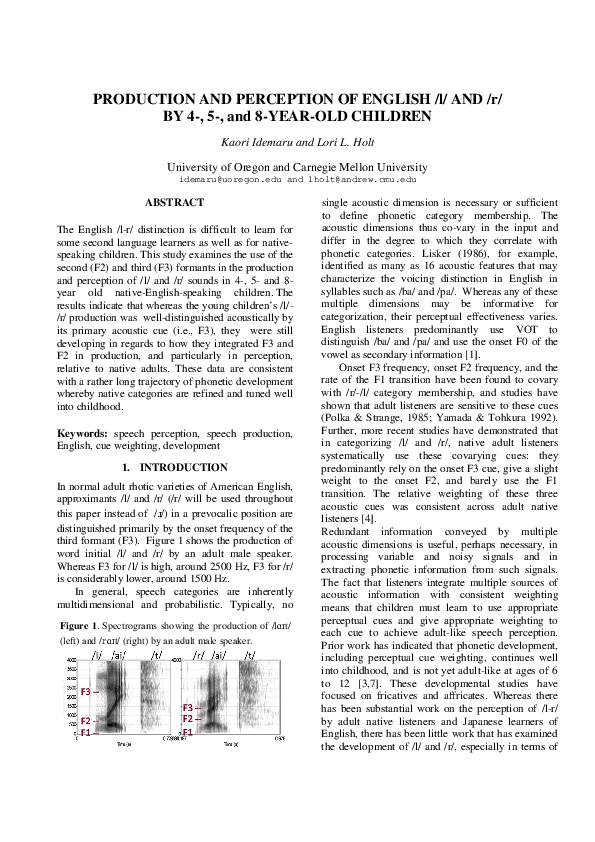 (PDF) Production and Perception of English/l/and/r/by 4-, 5-, and 8 ...