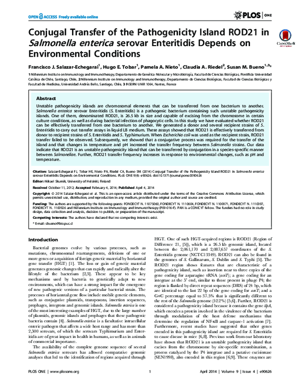 (PDF) Conjugal transfer of the pathogenicity island ROD21 in Salmonella ...