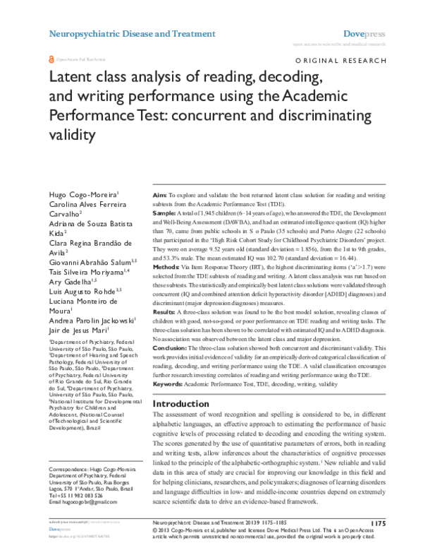 (PDF) Latent class analysis of reading, decoding, and writing ...
