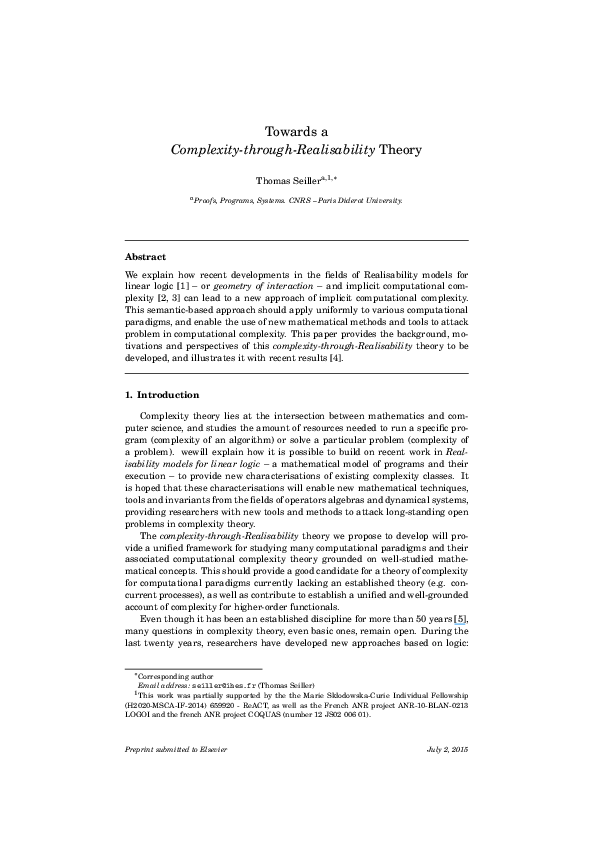 (PDF) Towards a Complexity-through-Realizability Theory