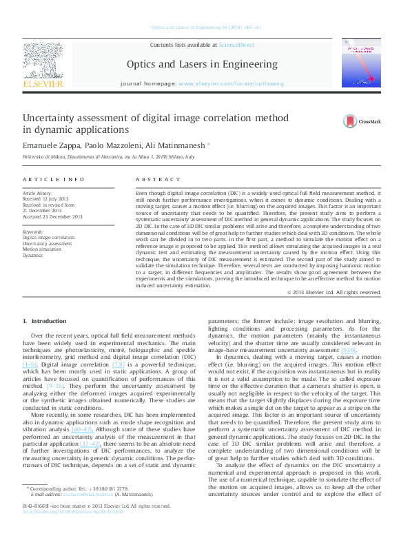 (PDF) Uncertainty assessment of digital image correlation method in ...