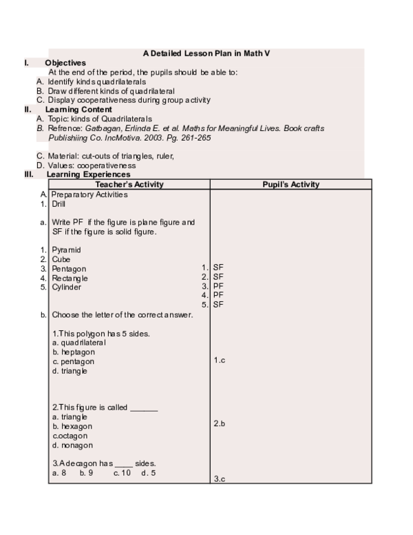 (DOC) A Detailed Lesson Plan in Math V