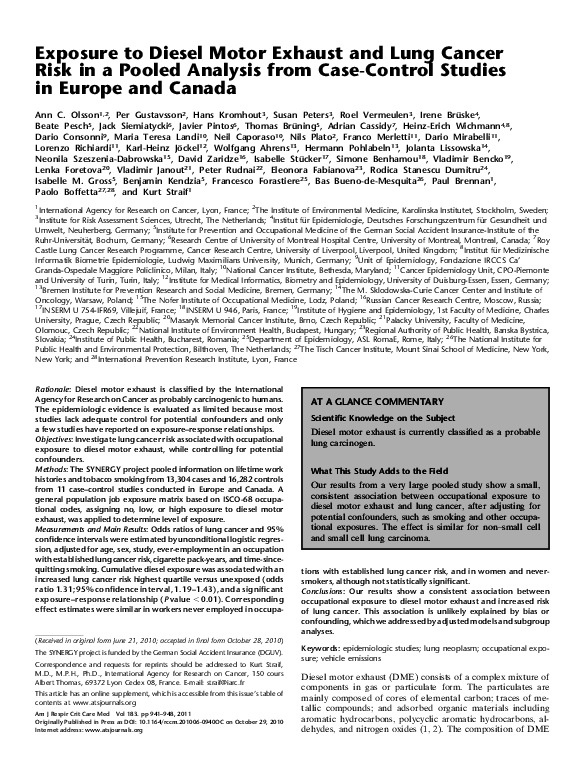 (PDF) Exposure to Diesel Motor Exhaust and Lung Cancer Risk in a Pooled ...