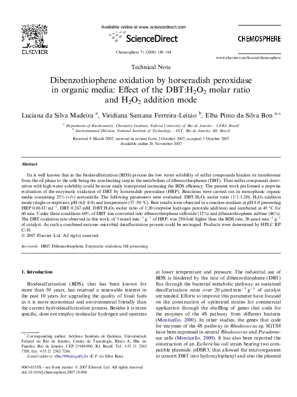 (PDF) Dibenzothiophene oxidation by horseradish peroxidase in organic ...