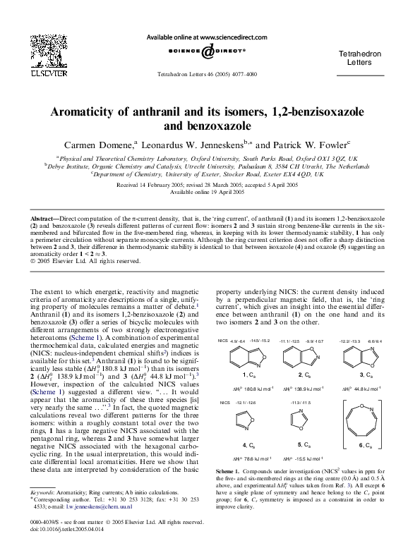 (PDF) Aromaticity of anthranil and its isomers, 1,2-benzisoxazole and ...