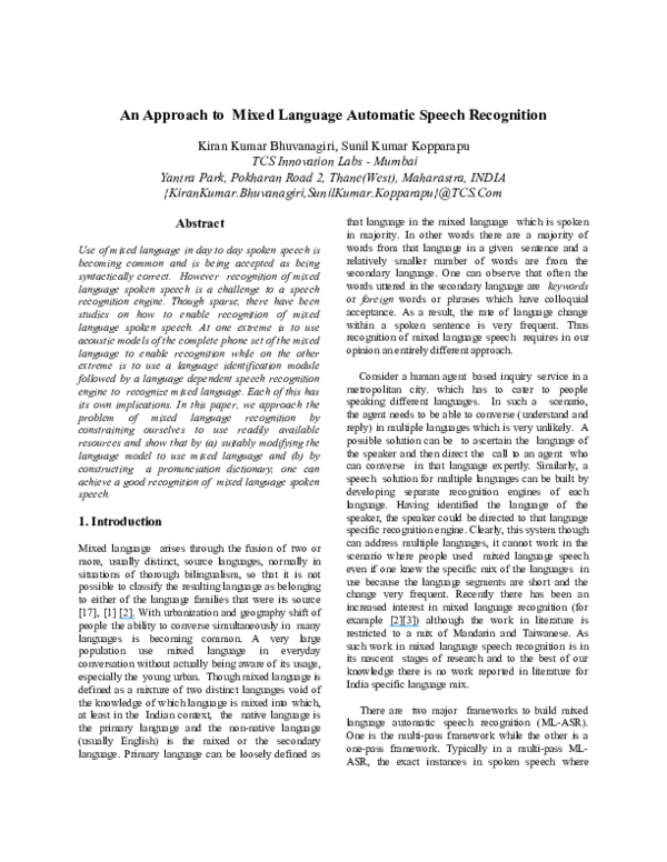 (PDF) An Approach to Mixed Language Automatic Speech Recognition