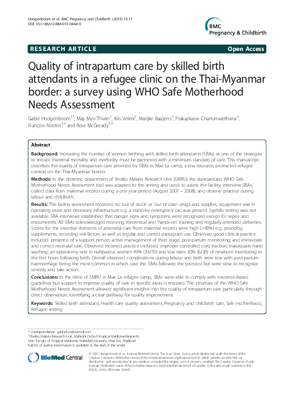  PDF Quality Of Intrapartum Care By Skilled Birth Attendants In A Refugee Clinic On The Thai 