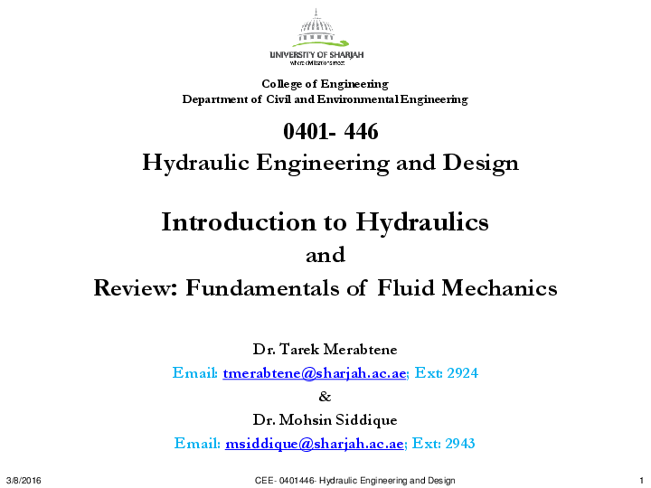 (PDF) Introduction to Hydraulics and Review Fundamentals of Fluid