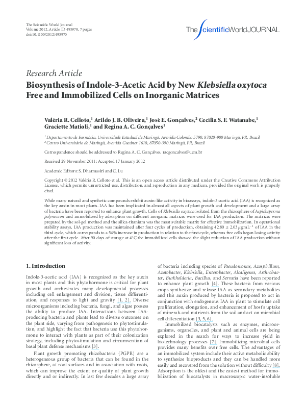 (PDF) Biosynthesis of indole-3-acetic acid by new Klebsiella oxytoca ...