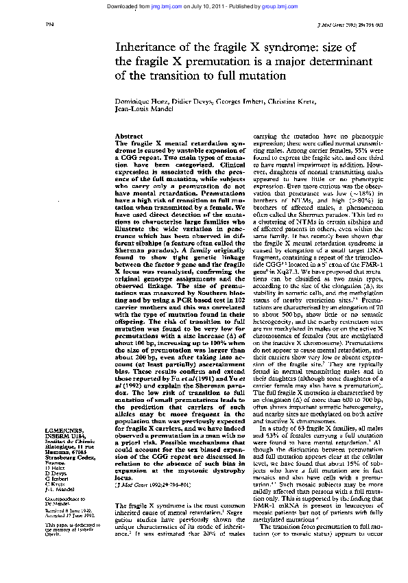 (PDF) Inheritance of the fragile X syndrome: size of the fragile X ...