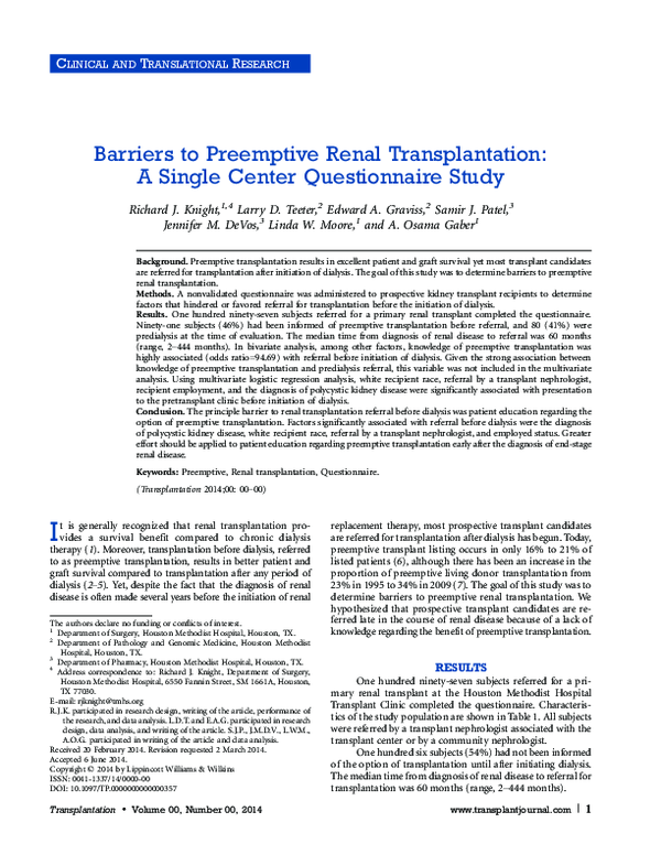 (PDF) Barriers to Preemptive Renal Transplantation: A Single Center ...