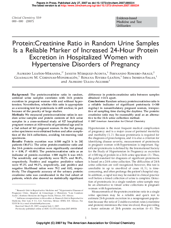 (PDF) ProteinCreatinine Ratio in Random Urine Samples Is a Reliable