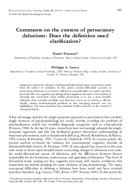 Pdf Comments On The Content Of Persecutory Delusions Does The Definition Need Clarification Philippa Garety Academia Edu