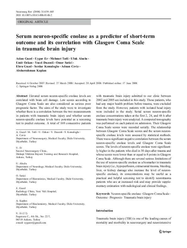 (PDF) Serum neuron-specific enolase as a predictor of short-term ...