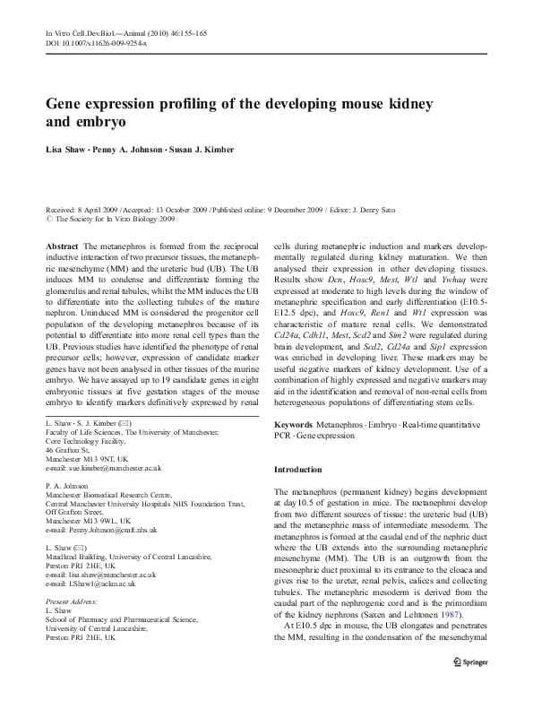 (PDF) Gene expression profiling of the developing mouse kidney and embryo