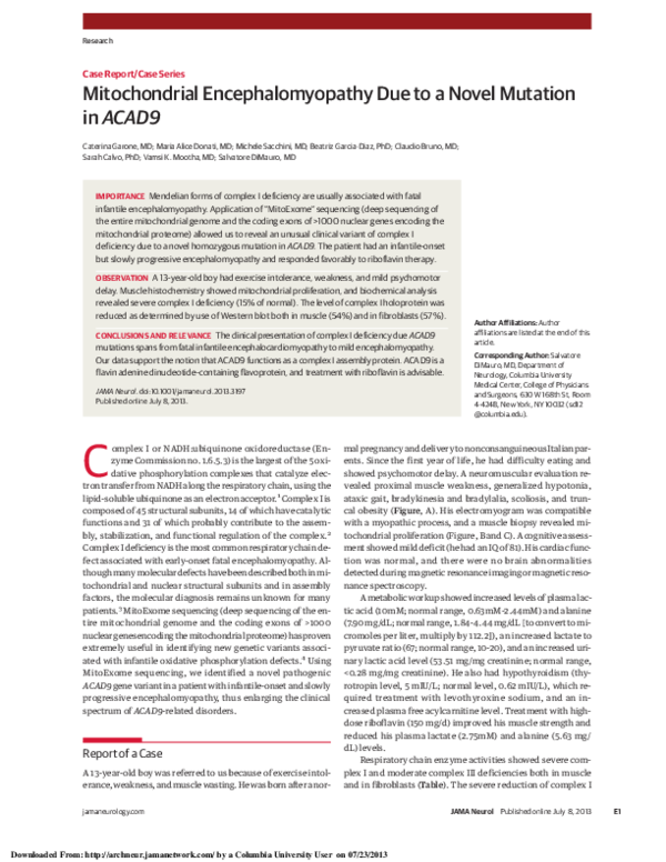 (PDF) Mitochondrial Encephalomyopathy Due to a Novel Mutation in ACAD9