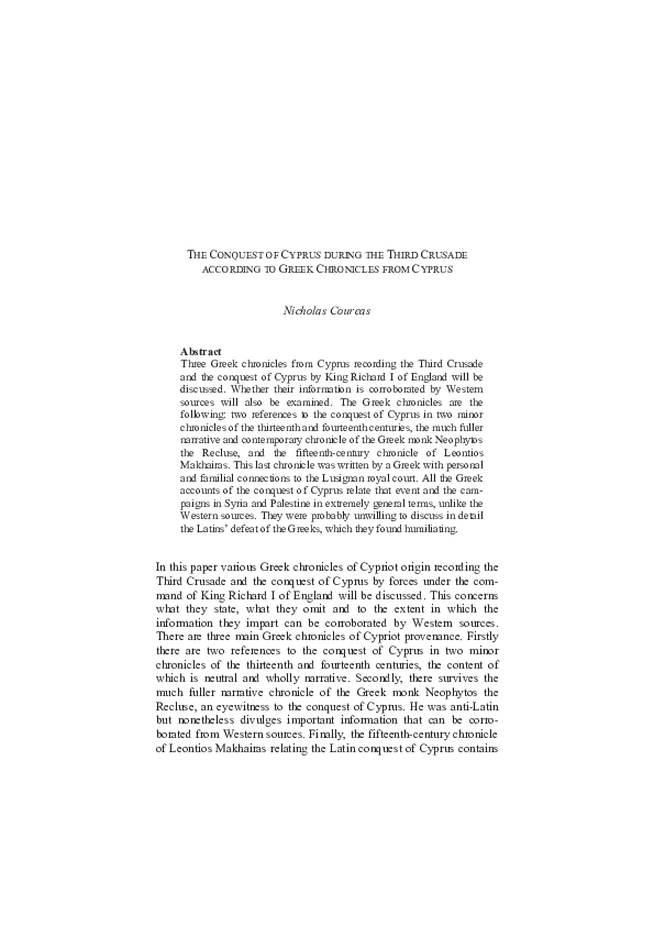 THE CONQUEST OF CYPRUS DURING THE THIRD CRUSADE ACCORDING TO GREEK CHRONICLES FROM CYPRUS