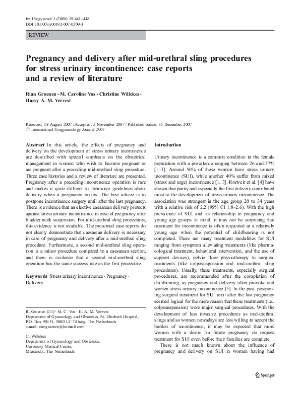 (PDF) Pregnancy and delivery after mid-urethral sling procedures for ...