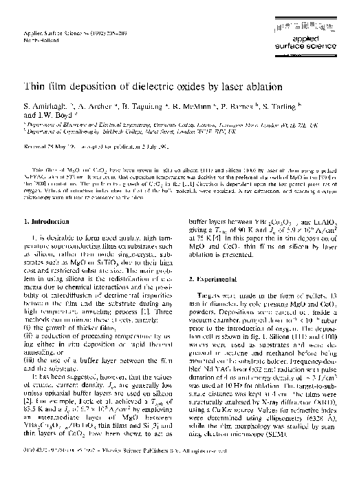 (PDF) Thin film deposition of dielectric oxides by laser ablation