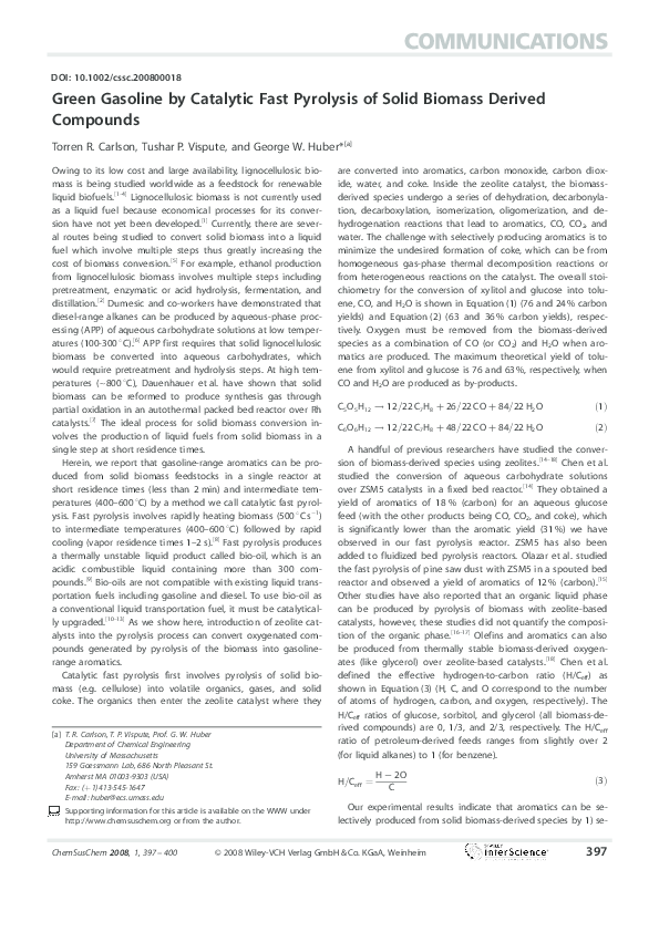 (PDF) Green Gasoline by Catalytic Fast Pyrolysis of Solid Biomass ...