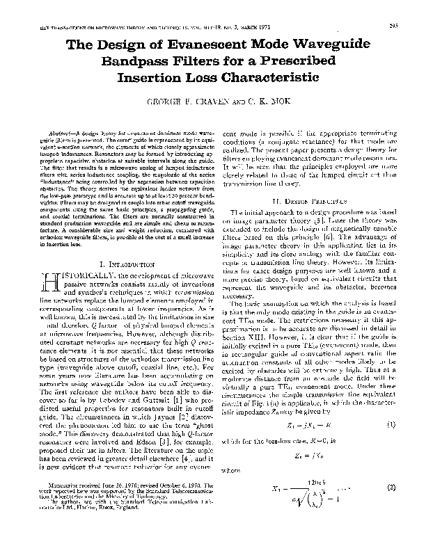 (PDF) The Design of Evanescent Mode Waveguide Bandpass Filters for a ...