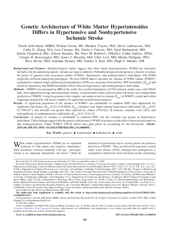 (PDF) Genetic architecture of white matter hyperintensities differs in ...