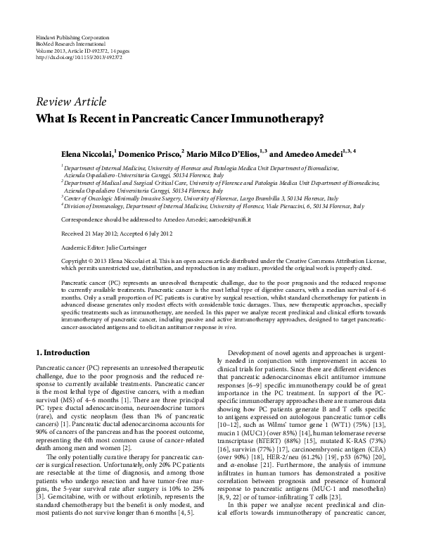 (PDF) What Is Recent in Pancreatic Cancer Immunotherapy?