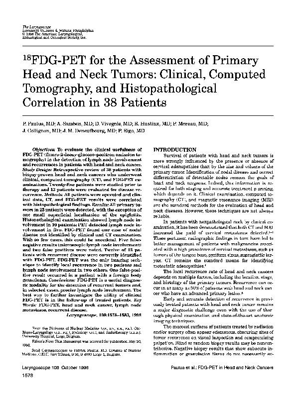 (PDF) 18 FDG-PET for the assessment of primary head and neck tumors ...