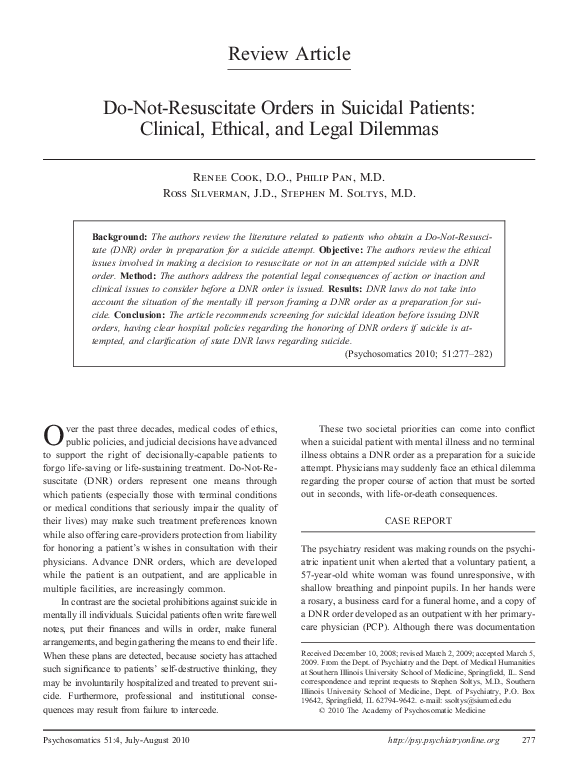 (PDF) DoNotResuscitate Orders in Suicidal Patients Clinical, Ethical