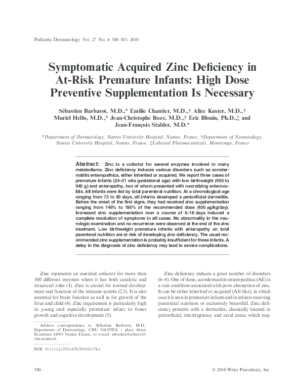 (PDF) Symptomatic acquired zinc deficiency in atrisk premature infants