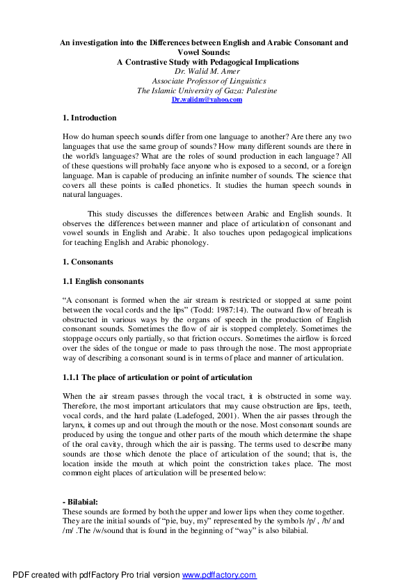 Pdf An Investigation Into The Differences Between English And Arabic Consonant And Vowel Sounds A Contrastive Study With Pedagogical Implications Sharif Alrababah Academia Edu