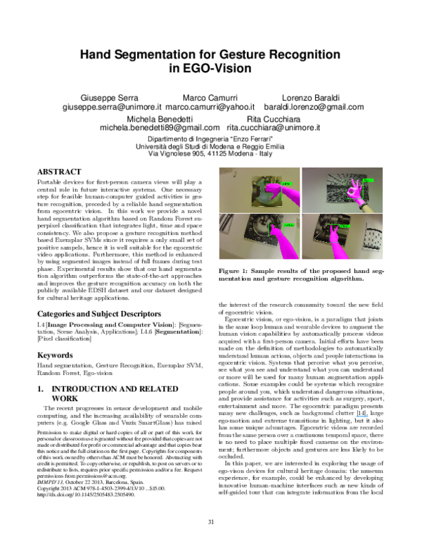 (PDF) Hand segmentation for gesture recognition in EGO-vision