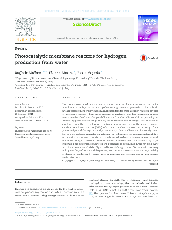 (PDF) Photocatalytic membrane reactors for hydrogen production from water