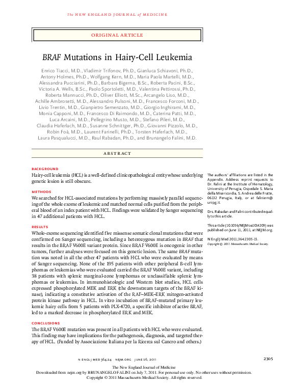 (PDF) BRAF Mutations in HairyCell Leukemia Gianluca Schiavoni and