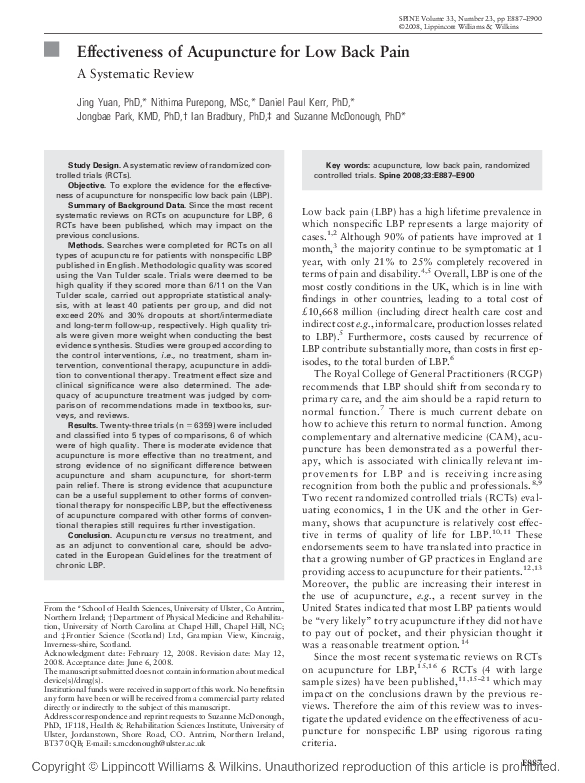 (PDF) Effectiveness of Acupuncture for Low Back Pain