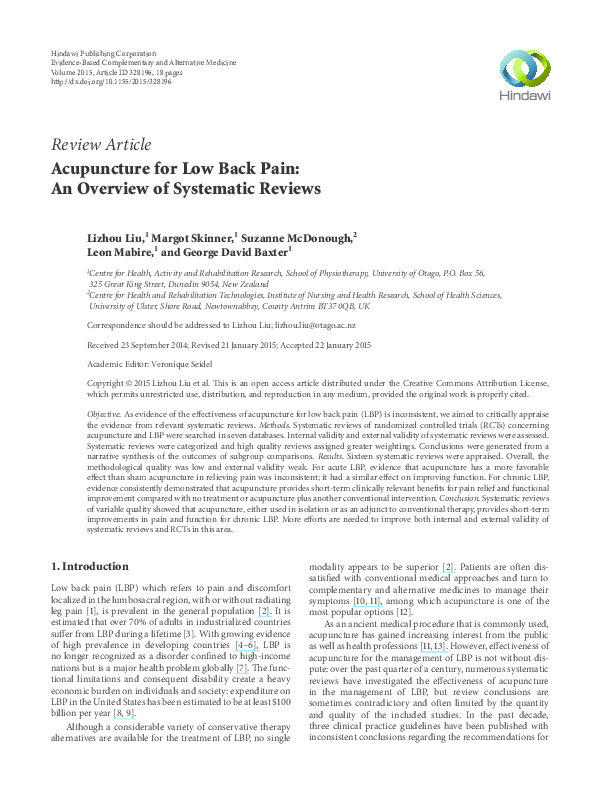 (PDF) Acupuncture for low back pain: an overview of systematic reviews