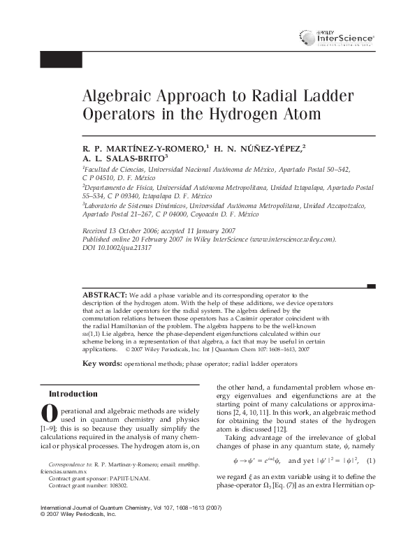(PDF) Algebraic approach to radial ladder operators in the hydrogen atom