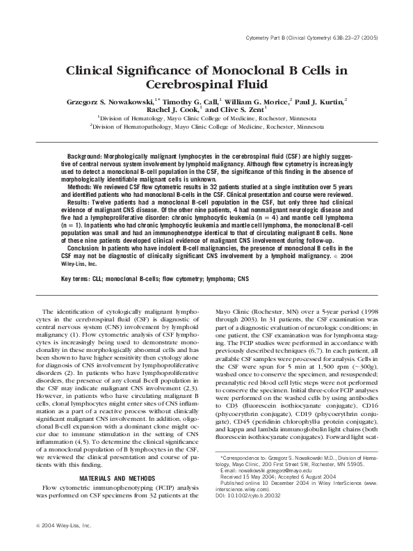 (PDF) Clinical significance of monoclonal B cells in cerebrospinal
