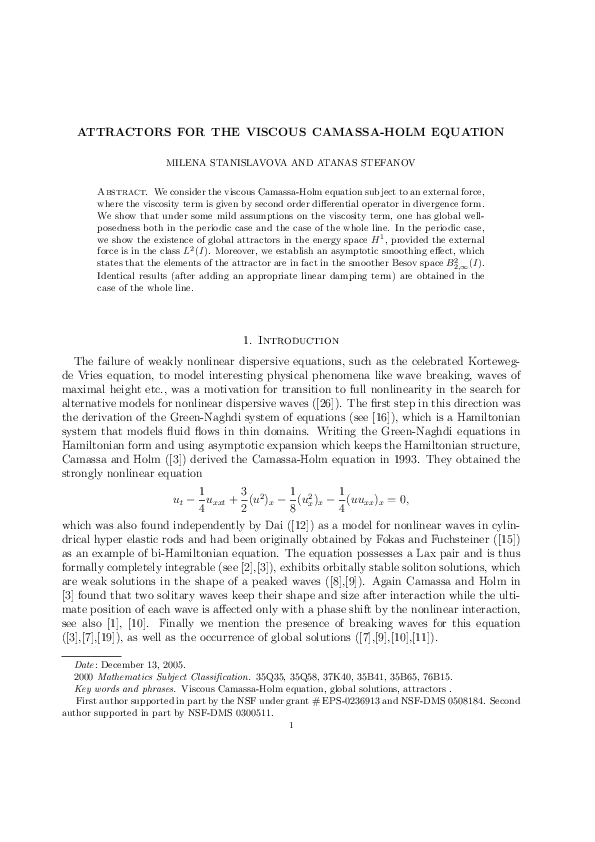 (PDF) Attractors for the viscous Camassa-Holm equation