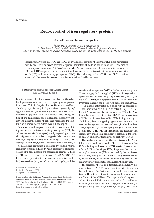 (PDF) Redox control of iron regulatory proteins