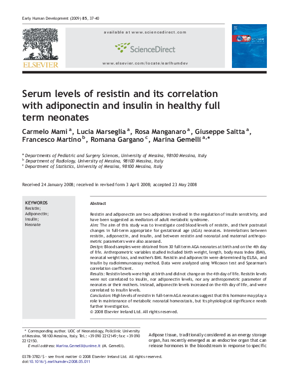 (PDF) Serum levels of resistin and its correlation with adiponectin and ...