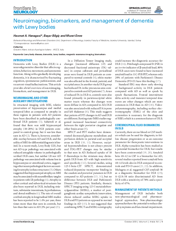 (PDF) Neuroimaging, Biomarkers, and Management of Dementia with Lewy Bodies