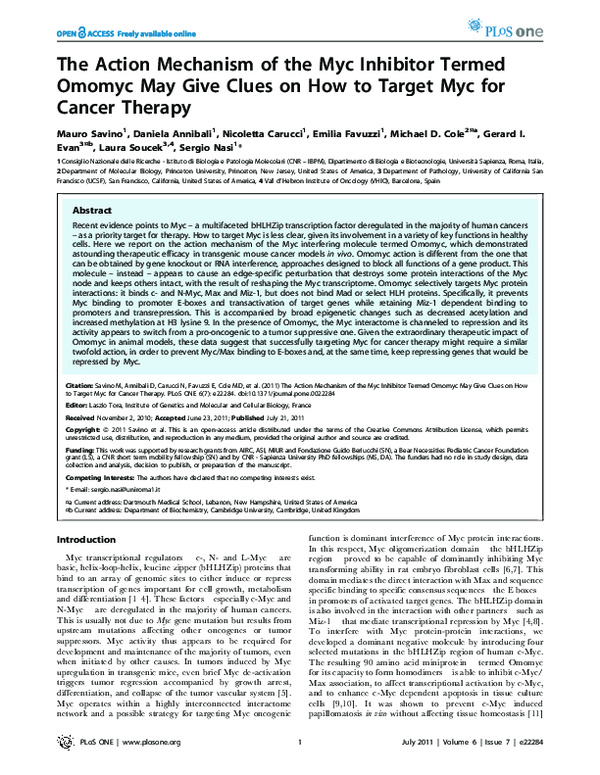 (PDF) The Action Mechanism of the Myc Inhibitor Termed Omomyc May Give ...